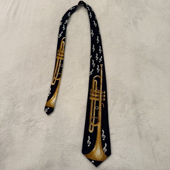 Florence Ltd Silk Necktie Navy White Clefs & Golden Musical Horn Tie - Picture 2 of 5